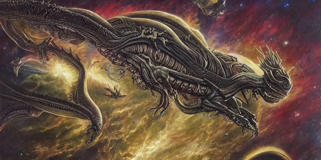 Image similar to an alien dragon flying through outer space by dan seagrave art