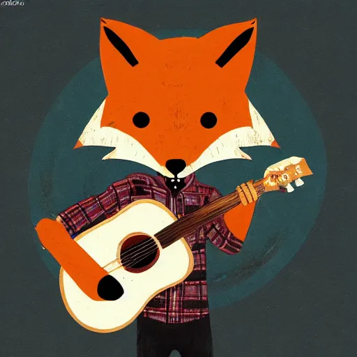 Image similar to a fox animal, wearing cowboy hat, wearing plaid shirt, playing guitar, in barn, album cover style, artstation