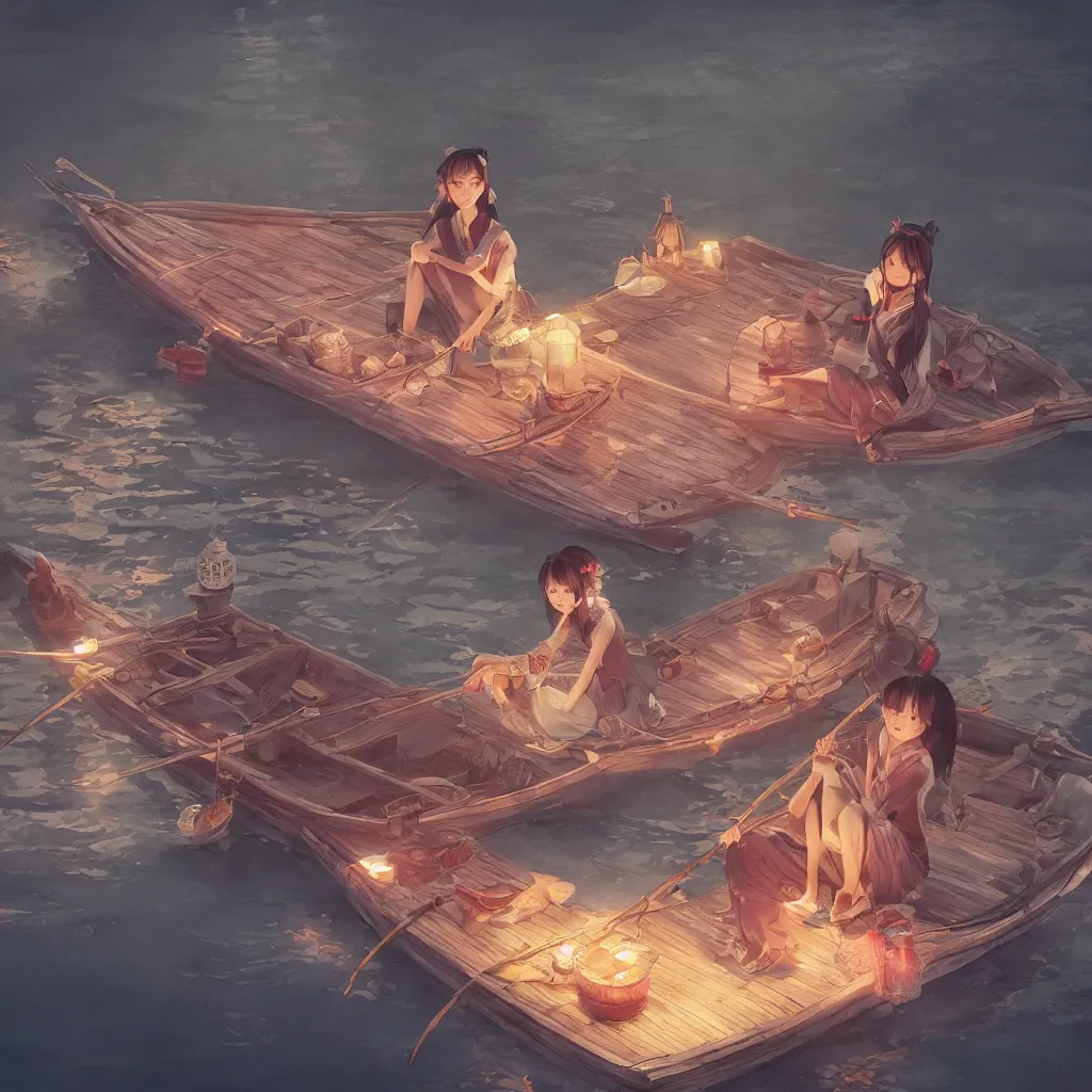 Prompt: gorgeous river lantern festival photo, a beautiful girl is sitting on the boat, chinese watercolor style, trending on artstation, global illumination, radiant light, night lighting, fantasy art by makoto shinkai, highly detailed and intricate environment, 8 k