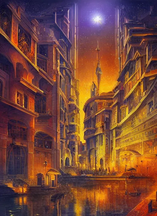 Prompt: ethereal starlit city of magic lost in time at sunset, italian futurism, art station, da vinci, hd, digital painting