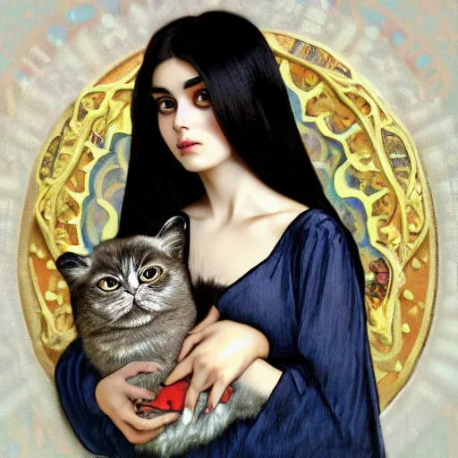 Prompt: cute emo persian woman, with long dark hair, thick eyebrows!!! dark eyes and dark circles!, wide nose!!!, big eyes, oval face shape, big cheeks!, she is holding a cat in her arms, by juan villafuerte, greg rutkowski and alphonse mucha, pexels contest winner, high quality photo, hd rtx