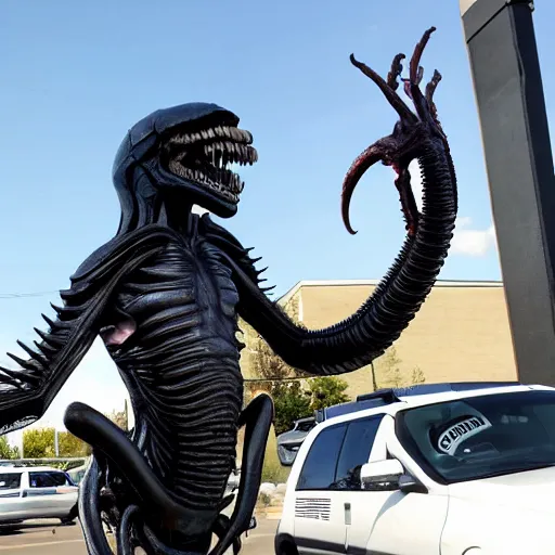 Prompt: a giant hr giger xenomorph alien queen standing on a busy walmart parking space in broad daylight. there are smashed cars