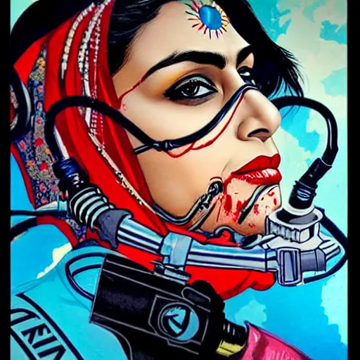 Prompt: a profile photo of a pakistaniwoman with a diving oxygen mask with side profile blood in ocean intricate details by MARVEL comics and Sandra Chevrier-C
