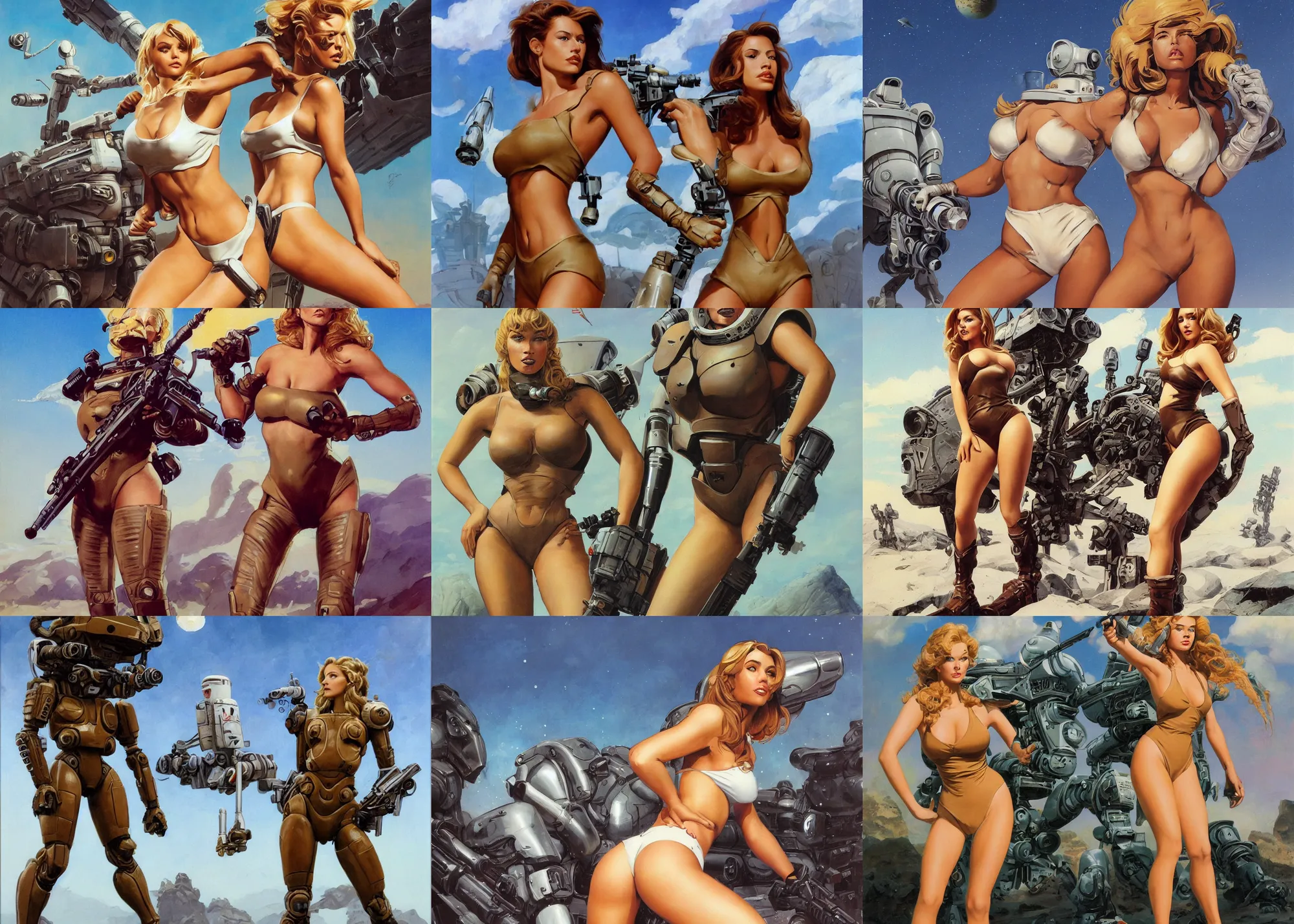 Prompt: A mixed media portrait painting of a very beautiful light-brown-haired woman on an alien planet, very curvy, aesthetic! high-waisted white-bikini-armor and boots, starship-troopers-rifle, aesthetic symmetrical face and eyes, model, wet, pacific-rim-mech in background, by Frank Frazetta, Boris Vallejo, Beeple, Greg Rutkowski, Christian MacNevin, eighties pinup style, goddess, epic fantasy character art, high fantasy, CGsociety, exquisite detail, post-processing, masterpiece, cinematic