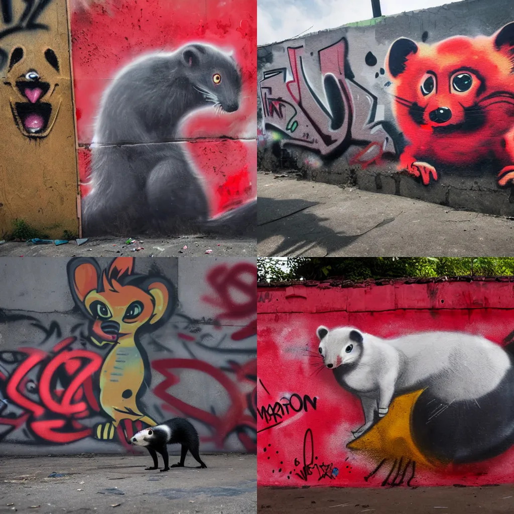 Prompt: photo ( far _ shot ), subject [ furry _ fandom _ fursona ( red - black, weasel - ferret - stoat ) ], background ( smoke, concrete ), medium [ graffiti ( spray _ paint ) ], location ( favela _ wall )