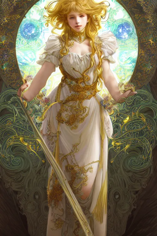 Image similar to fullbody portrait of a young hero with curly blond hairs, soft smile, baroque cloth, luminous scene, final fantasy and legue of legends champion, by chengwei pan and alpfons mucha, gradient white to gold, in front of an iridescent magical building background, highly detailed portrait, digital painting, smooth, focus illustration