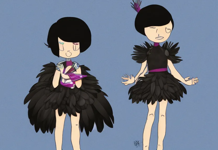 Image similar to beautiful little girl with a short black haircut wearing a dress made of black feathers, artwork in steven universe art style, anatomically perfect