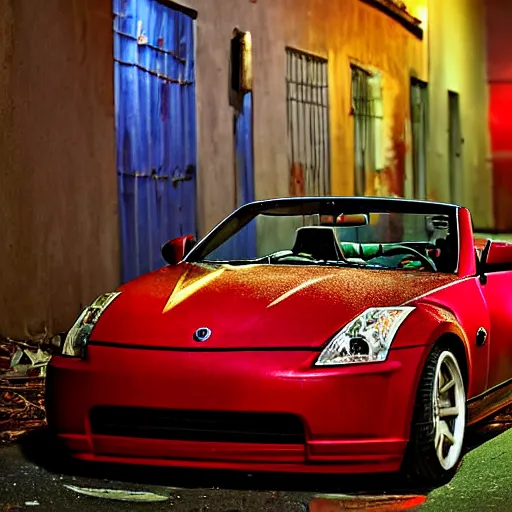 Prompt: decaying red 350z roadster abandoned in alley night time decrepit shot from bladeruner 2049 soft lighting dark shadows beautiful 10mm camera Ryan Church