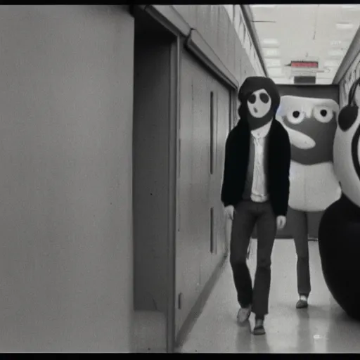 Image similar to 1978 teenage girl holds hands with sad inflatable face boyfriend at high school, color Tarkovsky film, in school hallway, dirty walls, archival footage, technicolor film, 16mm, live action, John Waters, campy movie scene