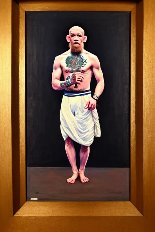 Image similar to full body portrait of conor mcgregor as mahatma gandhi, oil on canvas by william sidney mount, hindu art, great soul, irish folk, trending on artstation