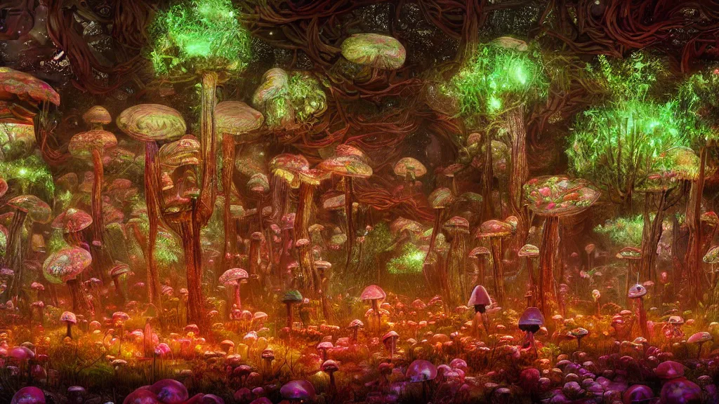 Prompt: exploring a mushroom forest, 8k, acid trip, hall of mirrors, ultra detailed, a hyperrealistic image of a mycelium forest with neon glowing mushrooms, with magical creatures, by tian gan, trending on patreon, artstation, deviantart. Unreal engine