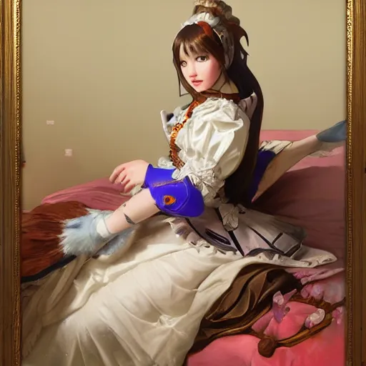 Prompt: baroque painting of D.Va (overwatch) sitting on her bed