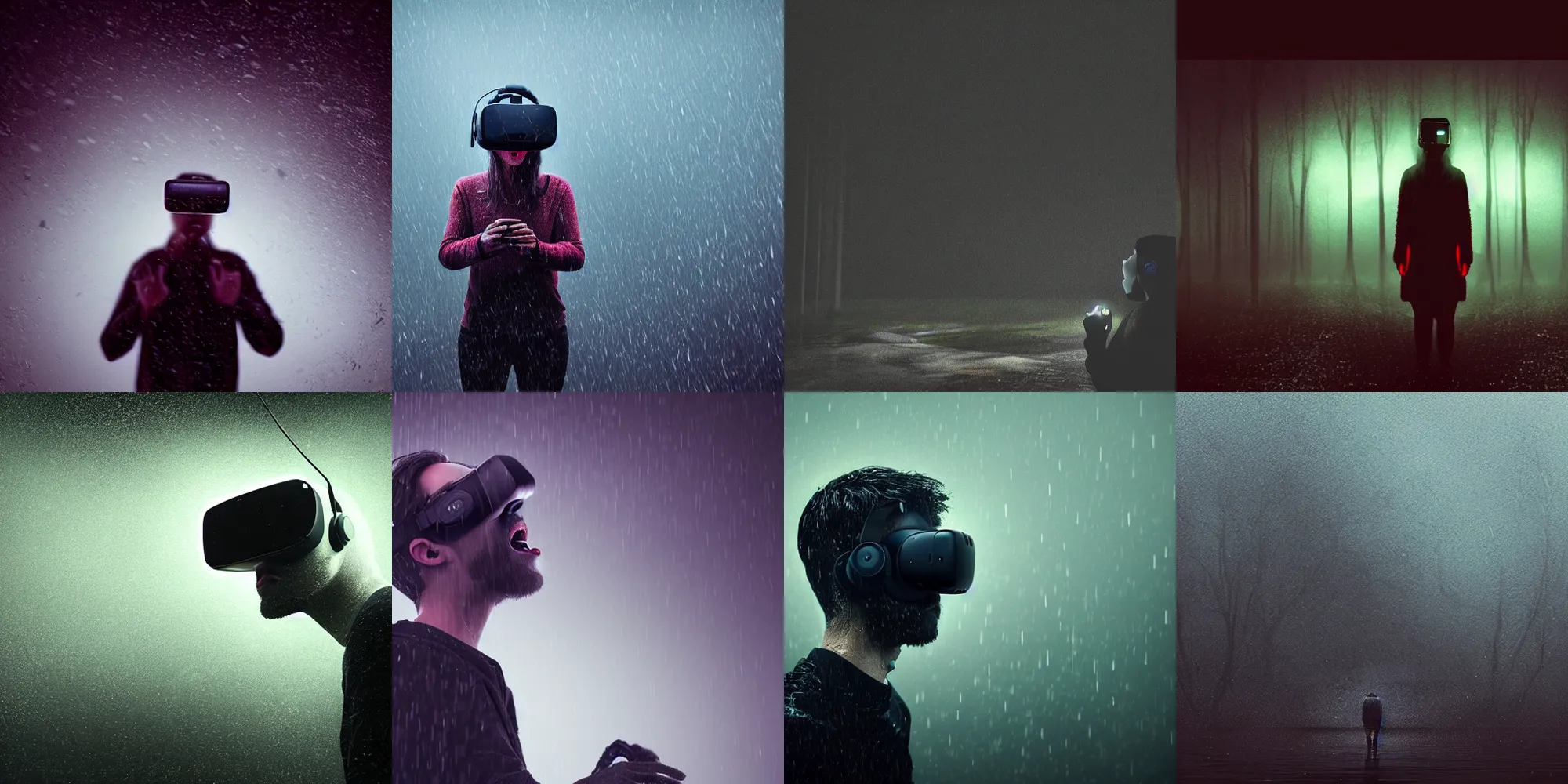 Prompt: beautiful dark creepy rainy wet landscape, person screaming wearing a virtual reality headset, in the style of beeple and Mike Winkelmann, intricate, epic lighting, cinematic composition, hyper realistic, 8k resolution, unreal engine 5,