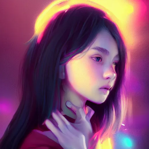 Prompt: portrait of teen girl, art by Ross tran, vivid color palette, digital painting, 3D, octane render, post process in Photoshop, highly detailed, particles, light effect