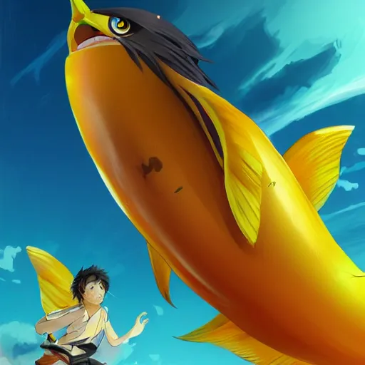 Image similar to a flying banana fish, shocked look, huge eyes, highly detailed, digital painting, artstation, concept art, sharp focus, illustration