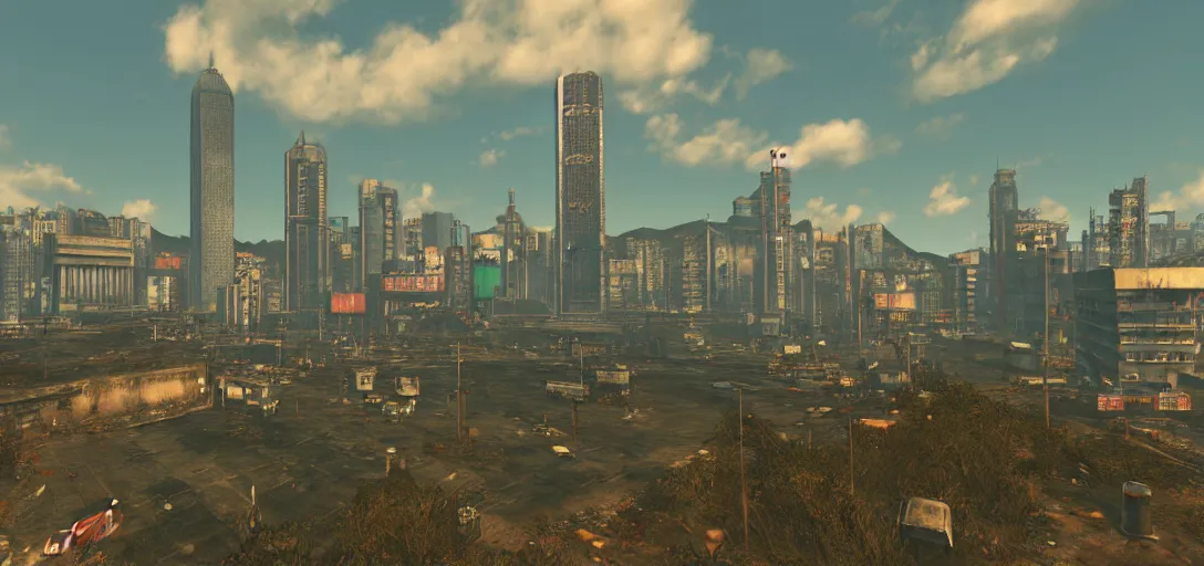 Image similar to Photo of Hong Kong Skyline in Fallout 4 Style, 8K, daytime, very detailed, high quality