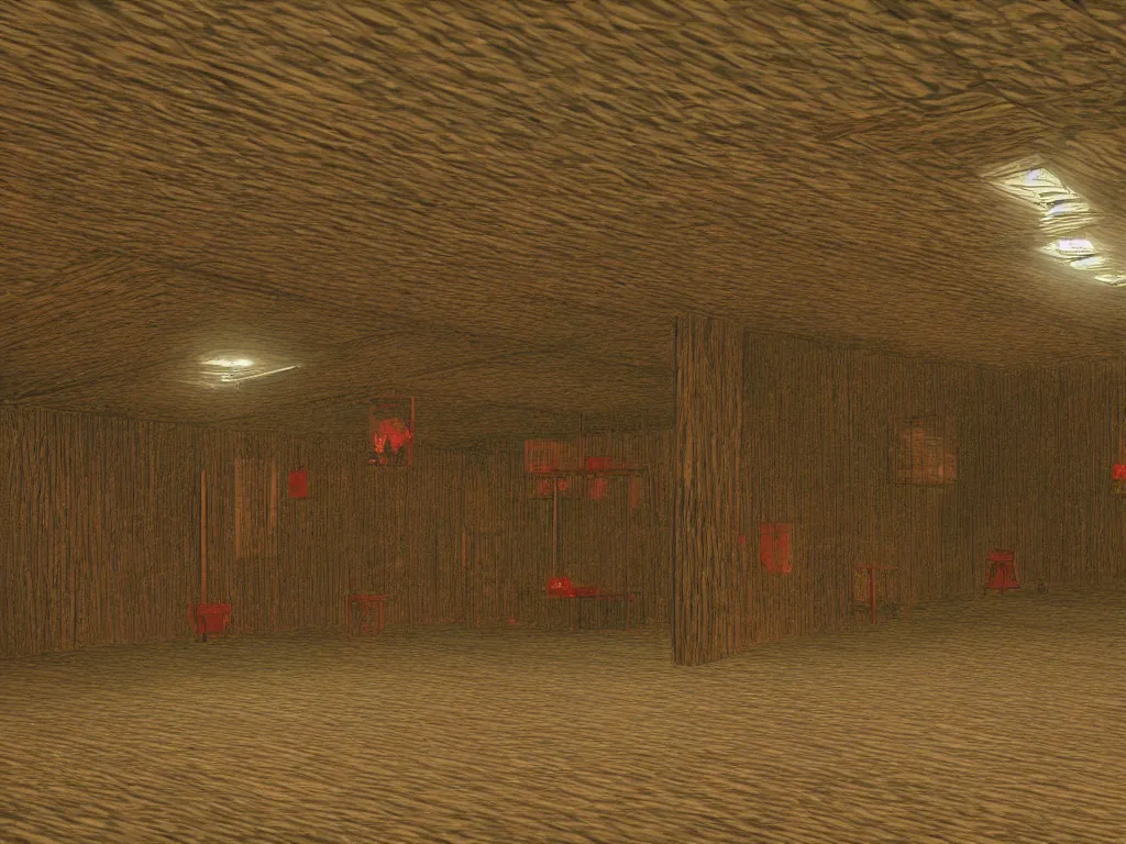 Prompt: Twin Peaks red room as a PS1 game landscape