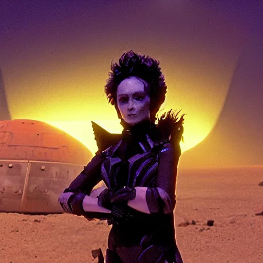 Image similar to portrait of mysterious humanoid, with hair like wisps of smoke, wearing gothy purple and black spandex suit, standing next to smashed spacecraft wreckage, on the orange surface of mars, highly detailed, dramatic lighting, photorealistic, movie still from Dune