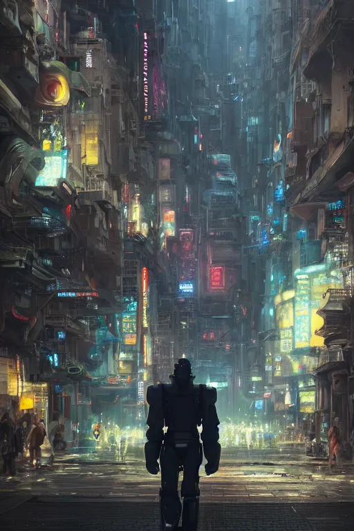 Prompt: a portrait of a robot in the middle foreground walking in the street of a sci-fi city by Greg Rutkowski, Sung Choi, Mitchell Mohrhauser, Maciej Kuciara, Johnson Ting, Maxim Verehin, Peter Konig, final fantasy , mythical, 8k photorealistic, cinematic lighting, HD, high details, atmospheric,