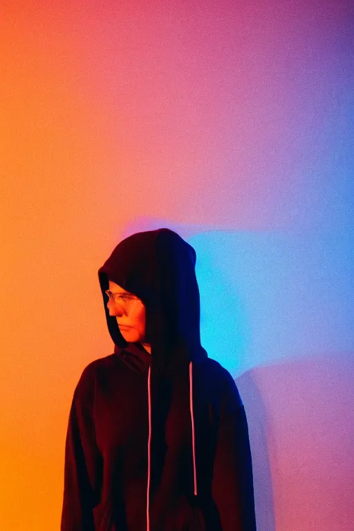 Image similar to A realistic and detailed portrait photography of a woman wearing black hoodie. by Annie Leibovitz. Neo noir style. Cinematic. Rainbow neon lights and glow in the background. Cinestill 800T film. Lens flare. Helios 44m. Ultra detail. Photoreal. Depth of field.