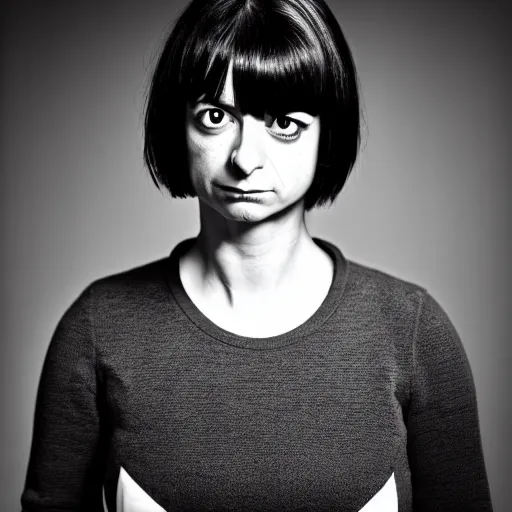 Prompt: symmetrical, portrait of cyberpunk kate micucci, scowling, studio lighting, depth of field, photography, black and white, highly detailed