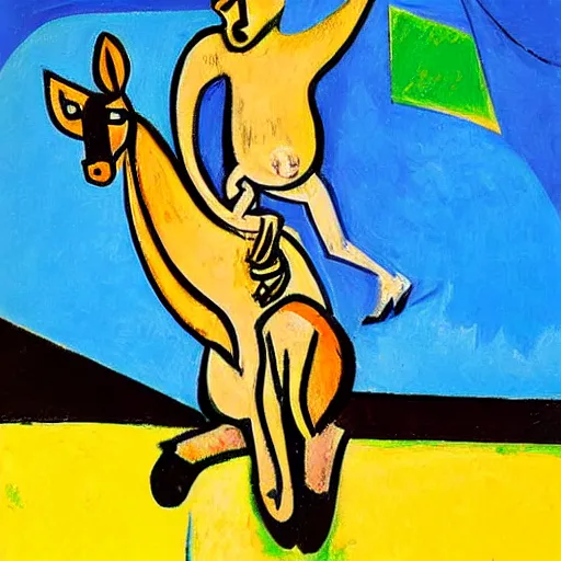 Prompt: simon whitlock riding a giant kangaroo, as painted by pablo picasso