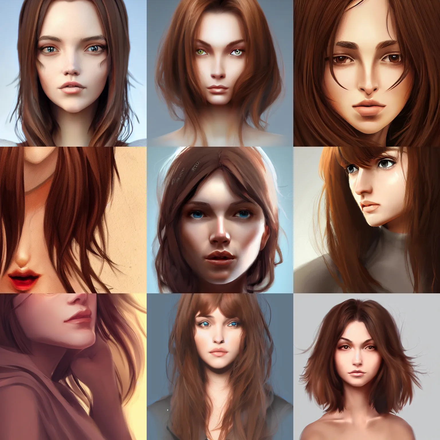 Image similar to woman with medium length brown hair, light brown eyes, small nose, artstation, digital art