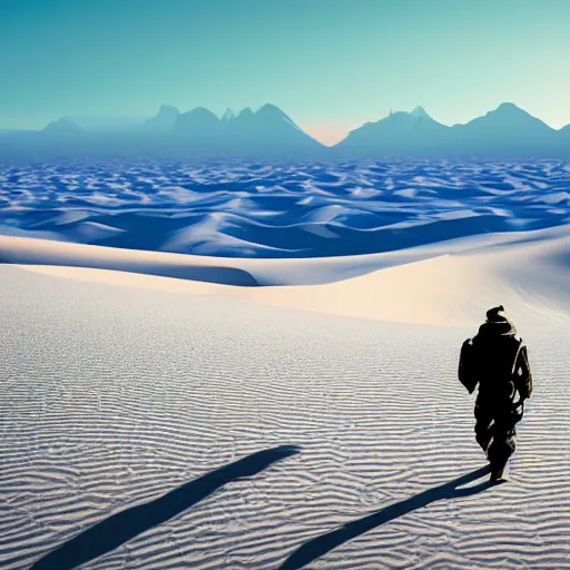 Prompt: a ultra realistic desolate planet of white sand dunes with a small figure in the distance bright blue sky