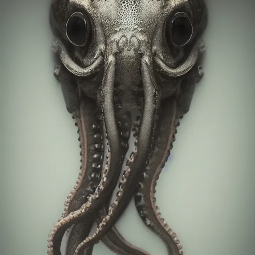 Image similar to dramatic full close - up portrait of a sad human! ( cephalopod ) hybrid, detailed, dimly light room, volumetric lighting,