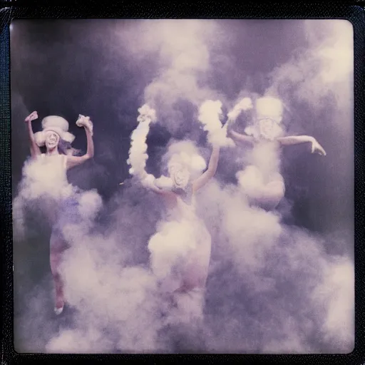 Prompt: polaroid of dancers that are made from cotton candy, smoke and clouds, wearing top hats. there is some diamonds suspended in air, beams of light disperse trough diamonds, prism-like