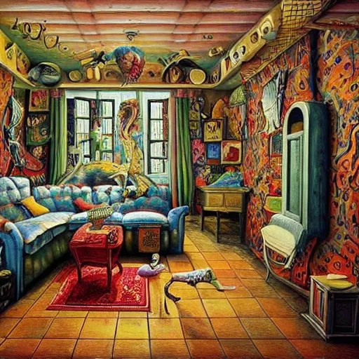Prompt: a painting of a living room filled with furniture, a surrealist painting by jacek yerka, cgsociety, fantastic realism, maximalist, surrealist, detailed painting