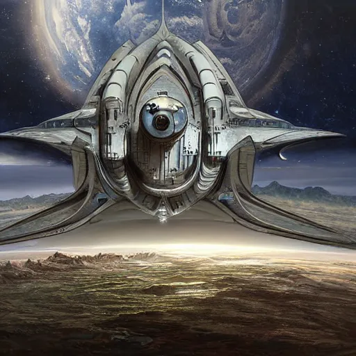 Image similar to a giant spaceship next to Earth in the style of H. R. Giger, realistic painting, high definition, digital art, matte painting, very detailed, realistic