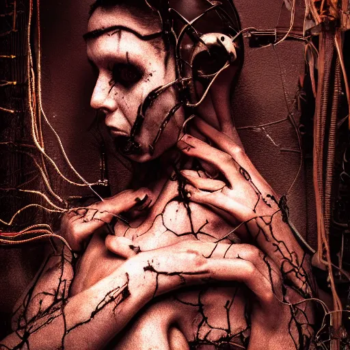 Image similar to a dark occult cyberpunk ritual of wires broken skulls skin and decay, moody, hyperrealism, 8 k photo, atmospheric