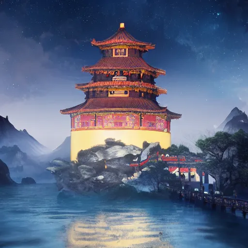 Prompt: a magnificent Chinese castle in the night sky above ocean, sense of awe, breathtaking, extremely detailed, concept art, environment concept, Rendered in Octane, trending on artstation, cgsociety, moody lighting rendered by octane engine, environment 8K artstation, cinematic lighting, intricate details, 4k detail post processing, hyperealistic, photo realism