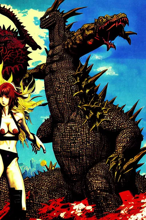 Image similar to adam and eve versus godzilla, gta smooth painting, illustration, torn cosmo magazine style, concept art, pop art style, art by yoji shinkawa, ayami kojima, tetsuya nomura, bob rafei