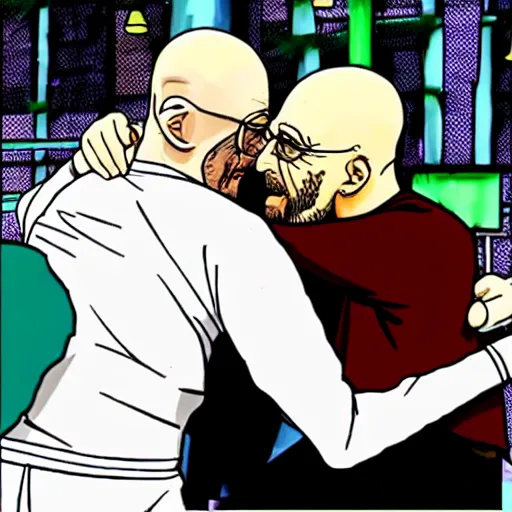 Image similar to Michael Ehrmantraut hugging walter white from behind wrestling breaking bad in one piece anime style