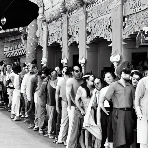 Prompt: a long line of sad people waiting to speak with the genie from Aladdin by Disney