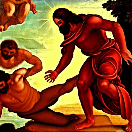 Prompt: Jesus beating Satan on the floor, horror, renaissance painting, digital art
