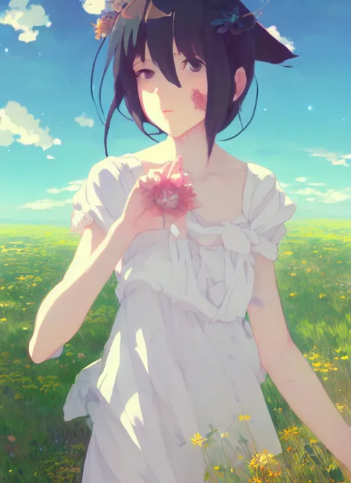 Prompt: portrait of cute girl, cloudy sky background lush landscape illustration concept art anime key visual trending pixiv fanbox by wlop and greg rutkowski and makoto shinkai and studio ghibli and gustav klimt