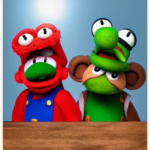 Image similar to A full body still of Mario and Luigi as muppets, photo real, photographic, photograph, artstation, trending, award winning, epic lighting, featured