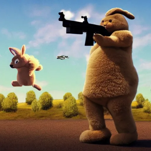 Image similar to fuzzy big chungus holding two mac - 1 0 s, shooting into the sky