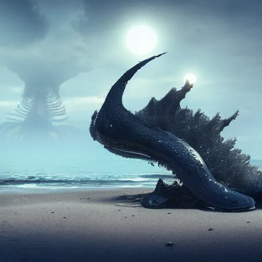 Image similar to stunning cinematic wide shot of a beautiful slick sea creature, on a beach, emerged from the ocean, amongst fulgurites, well designed perfect with slick led eyes, wearing kelp, sharp claws, hd octane render, fantasy, furry art, artstation, deviantart, furaffinity