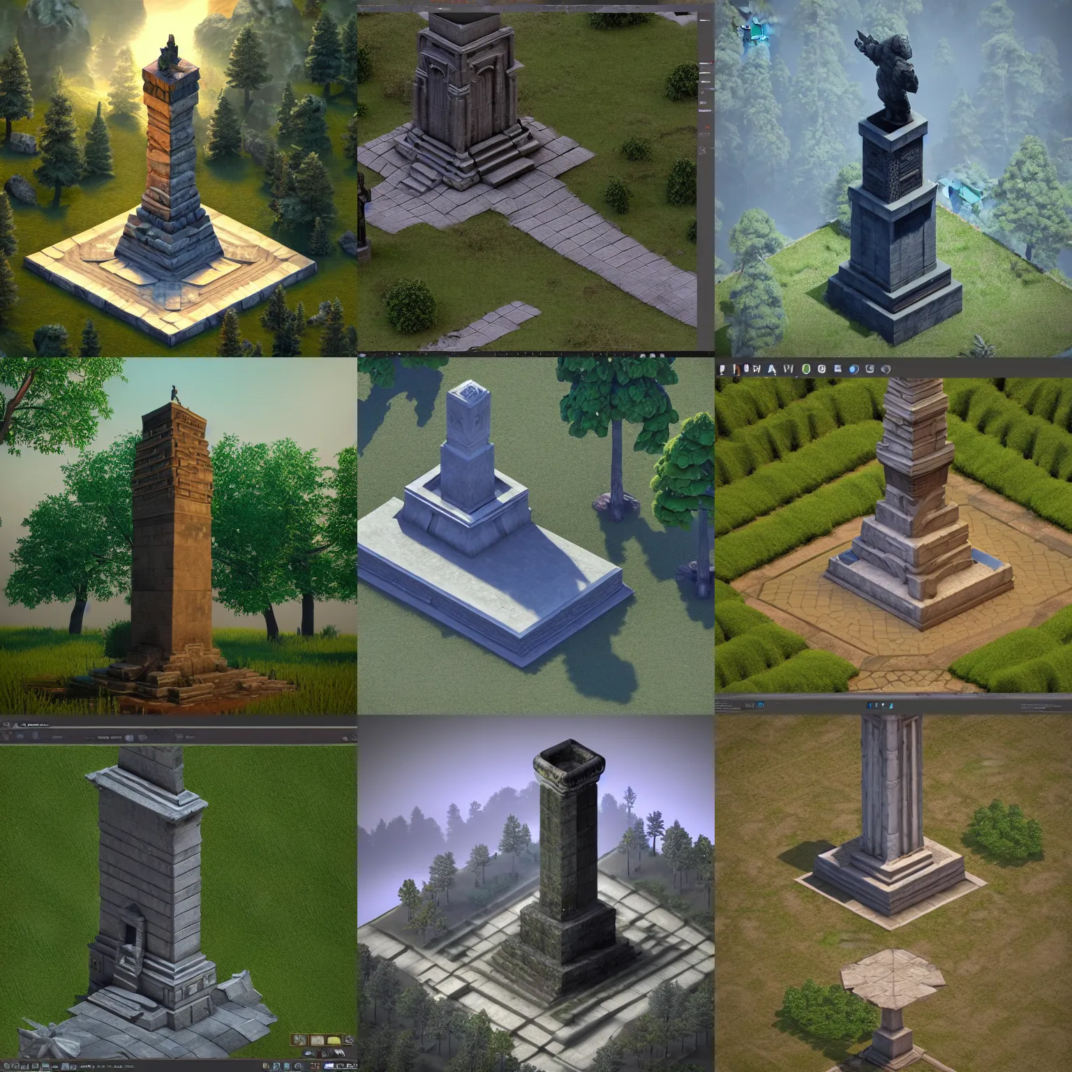 Prompt: isometric square 3d Render pillars of eternity type game with big statue on the center and trees no background, high poly, vray render 4k