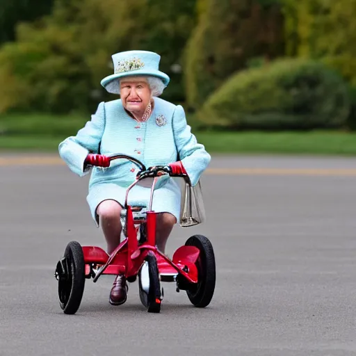 Prompt: queen elizabeth riding a tiny tricycle, color photograph, f8, dramatic angle