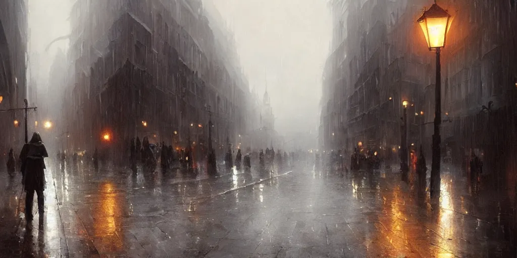 Image similar to an oil painting of a downpour in the middle of the street of a medieval city, moody lighting, fog, dark fantasy, by greg rutkowski, trending on artstation