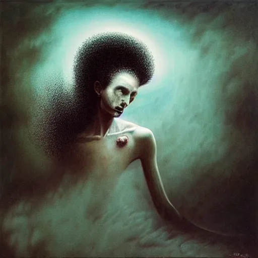 Prompt: dramatic matte portrait painting of woman with black mandelbrot fractal instead of face, in style of zdzisław beksinski, horror, body horror, dark, disturbing, extremely detailed,