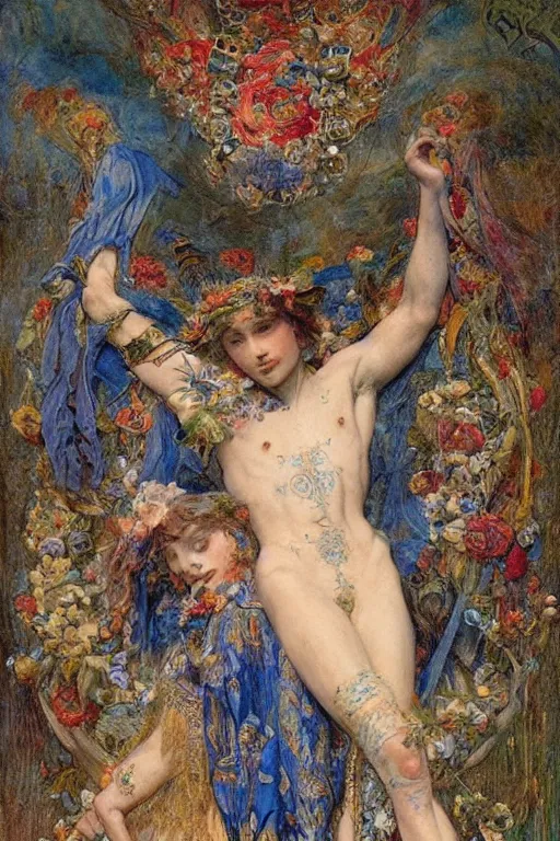 Image similar to coronation of the flower prince, by Annie Swynnerton and Gaston Bussière, embroidered brocade, tattoos, elaborate costume, geometric ornament, symbolist, rich colors, dramatic lighting, smooth, sharp focus, extremely detailed