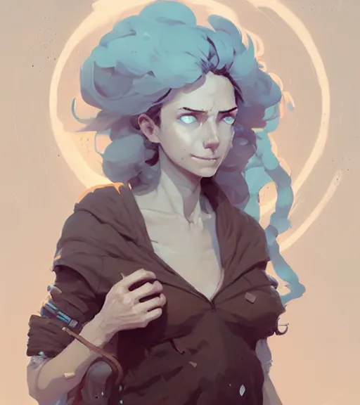 Image similar to portrait of a female alchemist, disheveled hair, by atey ghailan, by greg rutkowski, by greg tocchini, by james gilleard, by joe fenton, by kaethe butcher, dynamic lighting, gradient light blue, brown, blonde cream and white color scheme, grunge aesthetic