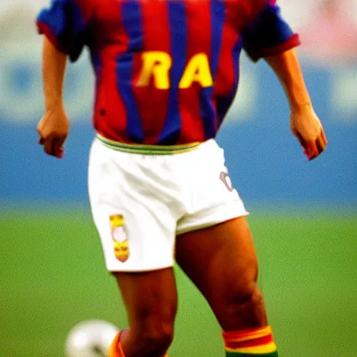 Prompt: ronaldo nazario fenomeno from fc barcelona, photograph by mark mann, 1 9 9 6