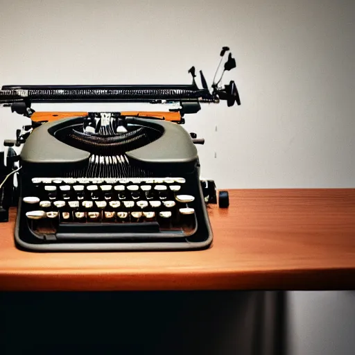 Prompt: old typewriter standing on a desk in a dimmly lit room, atmospheric lighting